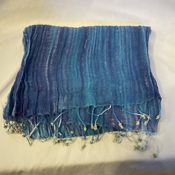 Nomadic Traders 70" x 30" Blue Green Striped Scarf Head Wrap Beaded Fringe - Picture 5 of 8